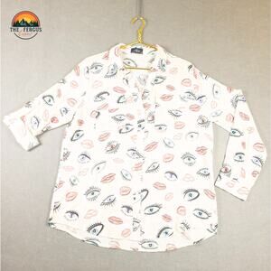 Milk & Honey White Blouse Button Up Artsy Lips Eyes Novelty Preppy Women's XL